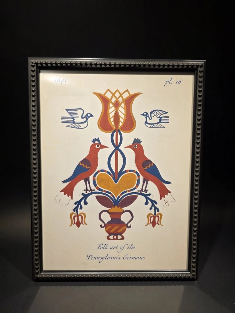 12"x16" Framed Pennsylvania German Folk Art Fraktur–Style PRINT: Pennsylvania German Folk Art Fraktur–Style Print This framed folk art print is inspired by traditional Pennsylvania German Fraktur designs from the early 19th century. Featuring paired birds, a