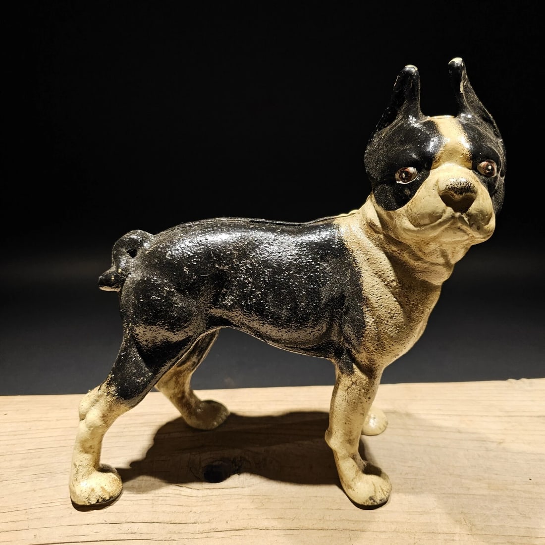 Cast Iron Boston Terrier Dog Door Stop Coin Bank: 9" Long x 9 1/2" Tall Great little reproduction cast iron boston terrier dog. All cast iron hand painted, slightly distressed as shown in the images. Certainly looks old! See our other miniature