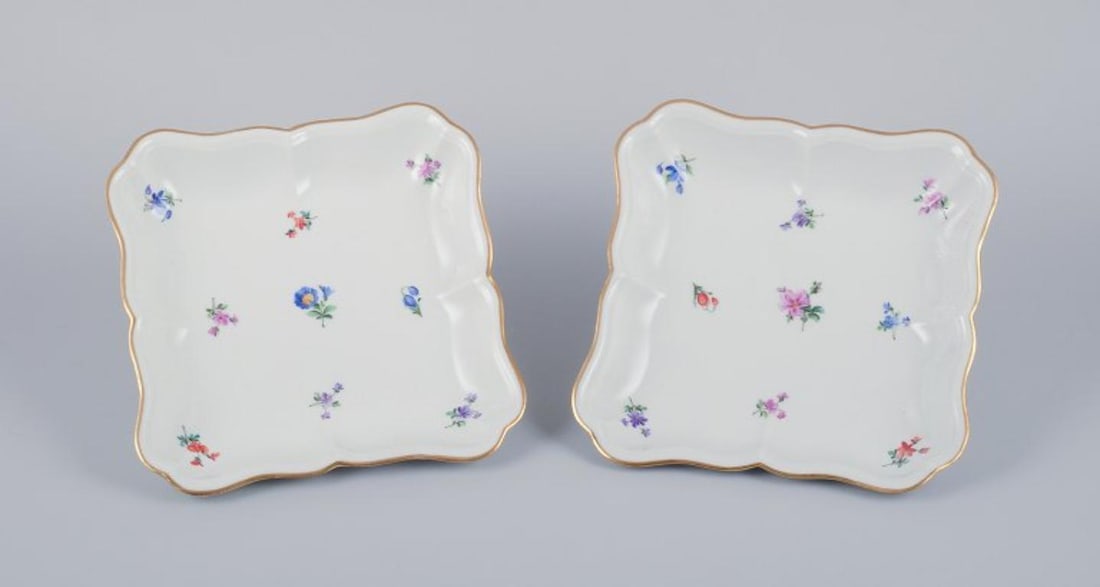 Meissen, Germany. Two shallow square bowls with polychrome floral motifs. Approx. 1920s.: Title: Meissen, Germany. Two shallow square bowls with polychrome floral motifs. Approx. 1920s. Description: Meissen, Germany, two shallow square bowls. Hand-painted with polychrome floral motifs, gol