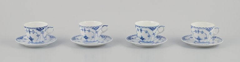 Royal Copenhagen Blue Fluted Half Lace. A set of four coffee cups with saucers.: Title: Royal Copenhagen Blue Fluted Half Lace. A set of four coffee cups with saucers. Description: Royal Copenhagen Blue Fluted Half Lace. A set of four coffee cups with saucers. Model number: