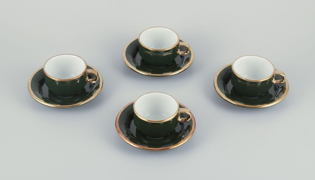 Pillivuyt, France. Four pairs of coffee cups with matching saucers. “Green Bistro” (1 of 6)