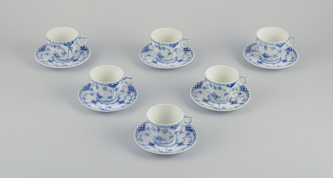 Royal Copenhagen Blue Fluted Half Lace, six pairs of porcelain coffee cups with saucers. (1 of 7)