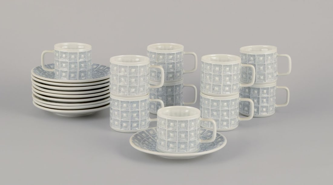 Castro, Spain. Espresso set for ten people. Gray-blue and white porcelain. Geometric pattern. (1 of 7)