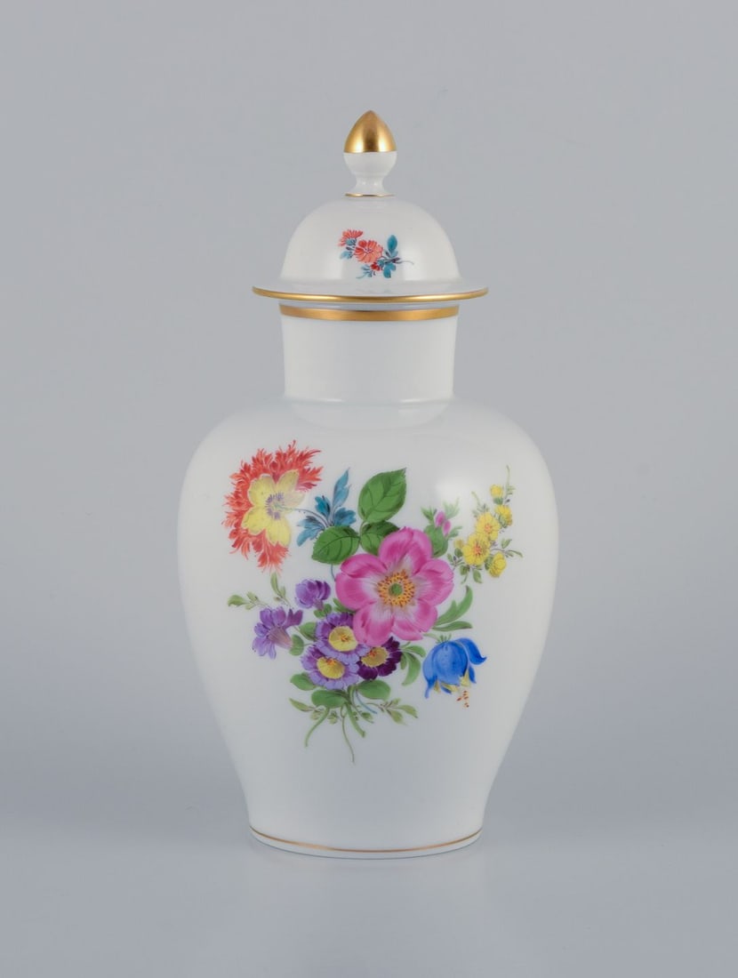 Meissen, lidded vase in porcelain with flower motifs in overglaze. Mid-20th c. (1 of 8)