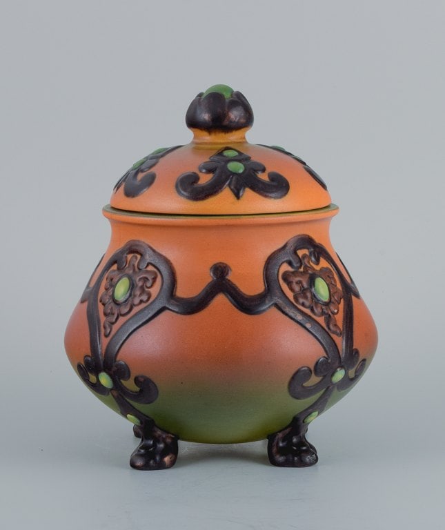 Ipsens, Denmark, beautiful Art Nouveau jar with glaze in orange and green tones. (1 of 6)