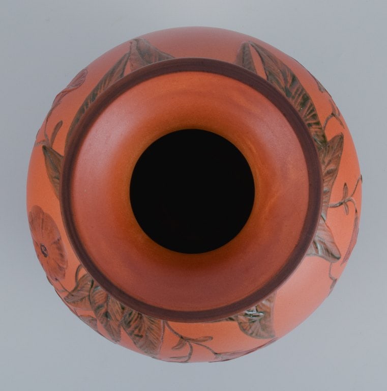 Ipsens, Denmark, vase with flowers and butterfly. Glaze in orange and green tones. - 4