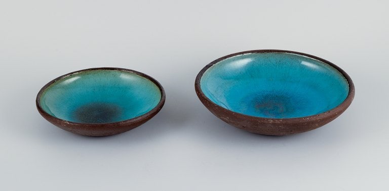 OSA, Denmark. Two large retro unique ceramic bowls with glaze in turquoise tones. (1 of 6)