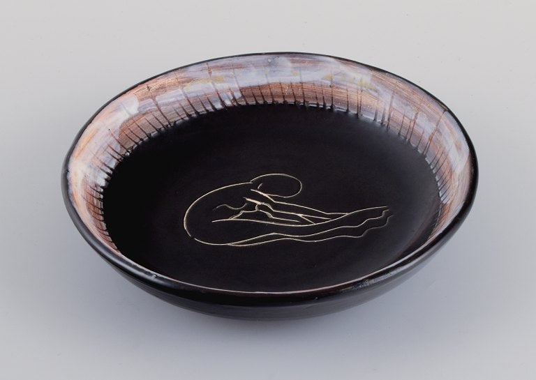 Valluris, France, unique ceramic bowl in black glaze with female motif. (1 of 5)