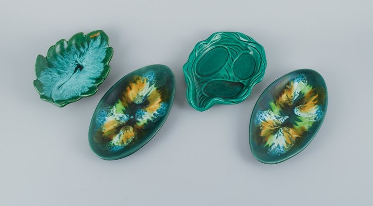 Vallauris, France, four dishes with glaze in shades of green. (1 of 7)