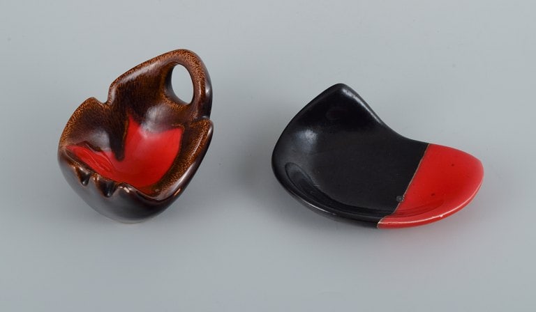 Vallauris, France, two ceramic bowls with glazes in red/black and and red/brown. (1 of 3)