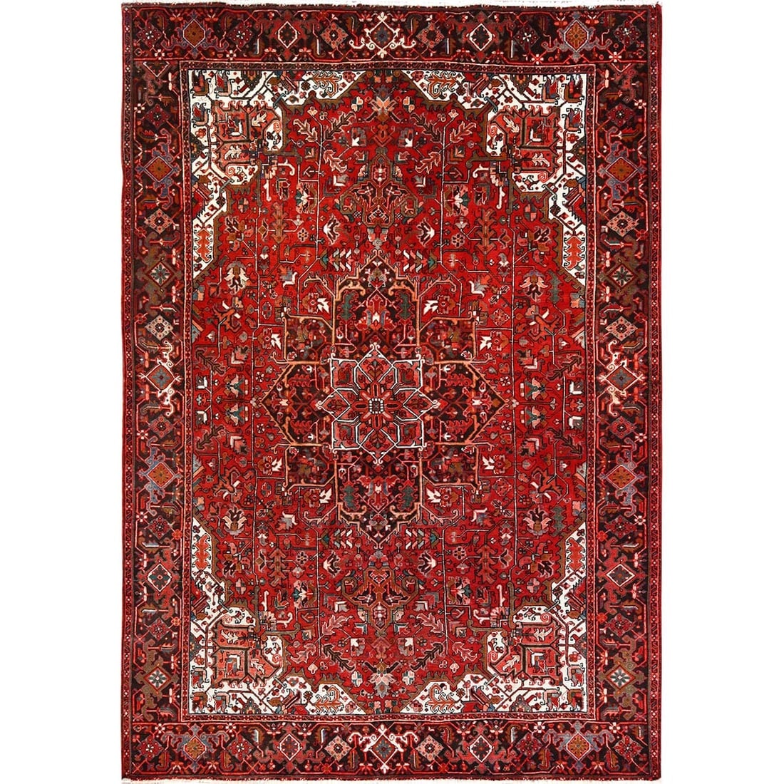Chili Red, Worn Wool, Hand Knotted, Semi Antique Persian Heriz Rug (1 of 11)