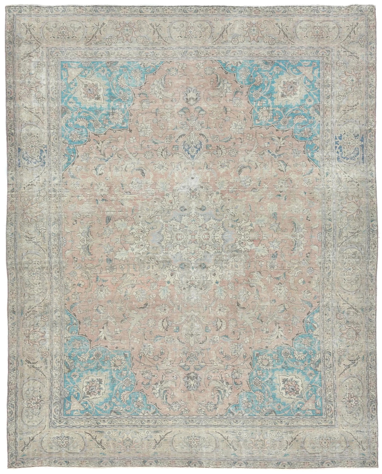 Semi Antique Muted Light Salmon Floral 9X12 Distressed Vintage Oriental Rug: Title: Semi Antique Muted Light Salmon Floral 9X12 Distressed Vintage Oriental Rug Description:Handmade semi antique 9X12 light salmon Oriental rug made with vegetable dyes (fine wool pile and cotton