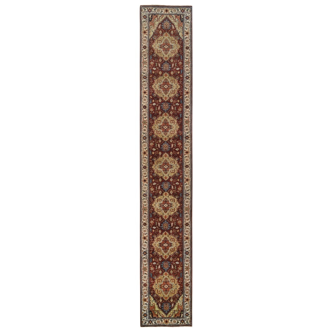 Red Hand Knotted Antiqued Fine Heriz Hand Spun Wool XL Runner Rug: Title: Red Hand Knotted Antiqued Fine Heriz Hand Spun Wool XL Runner Rug Description: This is a truly genuine one-of-a-kind. It has been Knotted for months and months in the centuries-old weaving craf