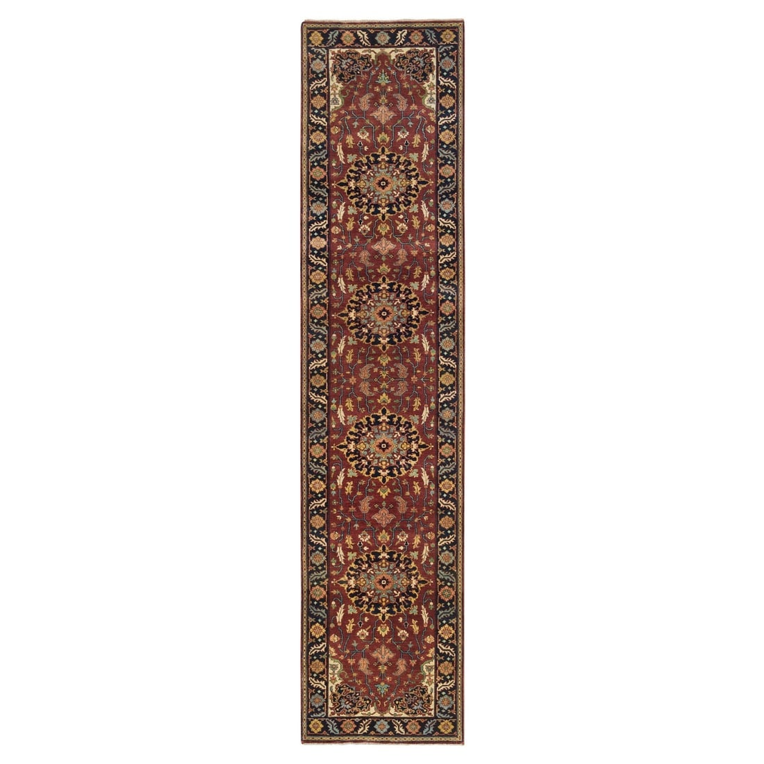 Red, Antiqued Sarouk Re-Creation, Natural Wool Hand Knotted Runner Rug: Title: Red, Antiqued Sarouk Re-Creation, Natural Wool Hand Knotted Runner Rug Description: This is a truly genuine one-of-a-kind. It has been Knotted for months and months in the centuries-old weaving