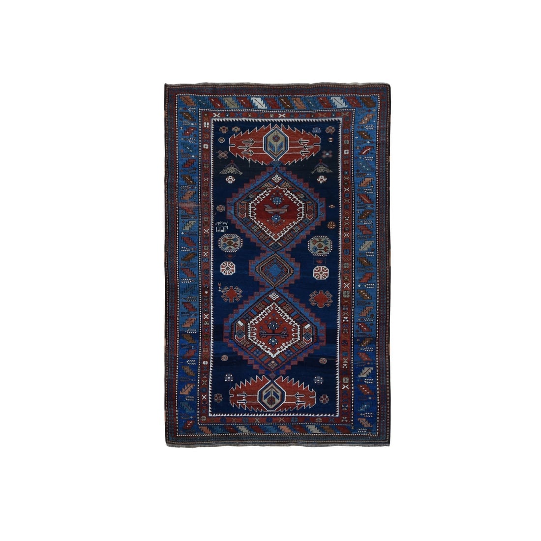 Blue Antique Caucasian Kazak, 100% Wool Hand Knotted, Runner Rug: Title: Blue Antique Caucasian Kazak, 100% Wool Hand Knotted, Runner Rug Description: This is a truly genuine one-of-a-kind. It has been Knotted for months and months in the centuries-old weaving craft