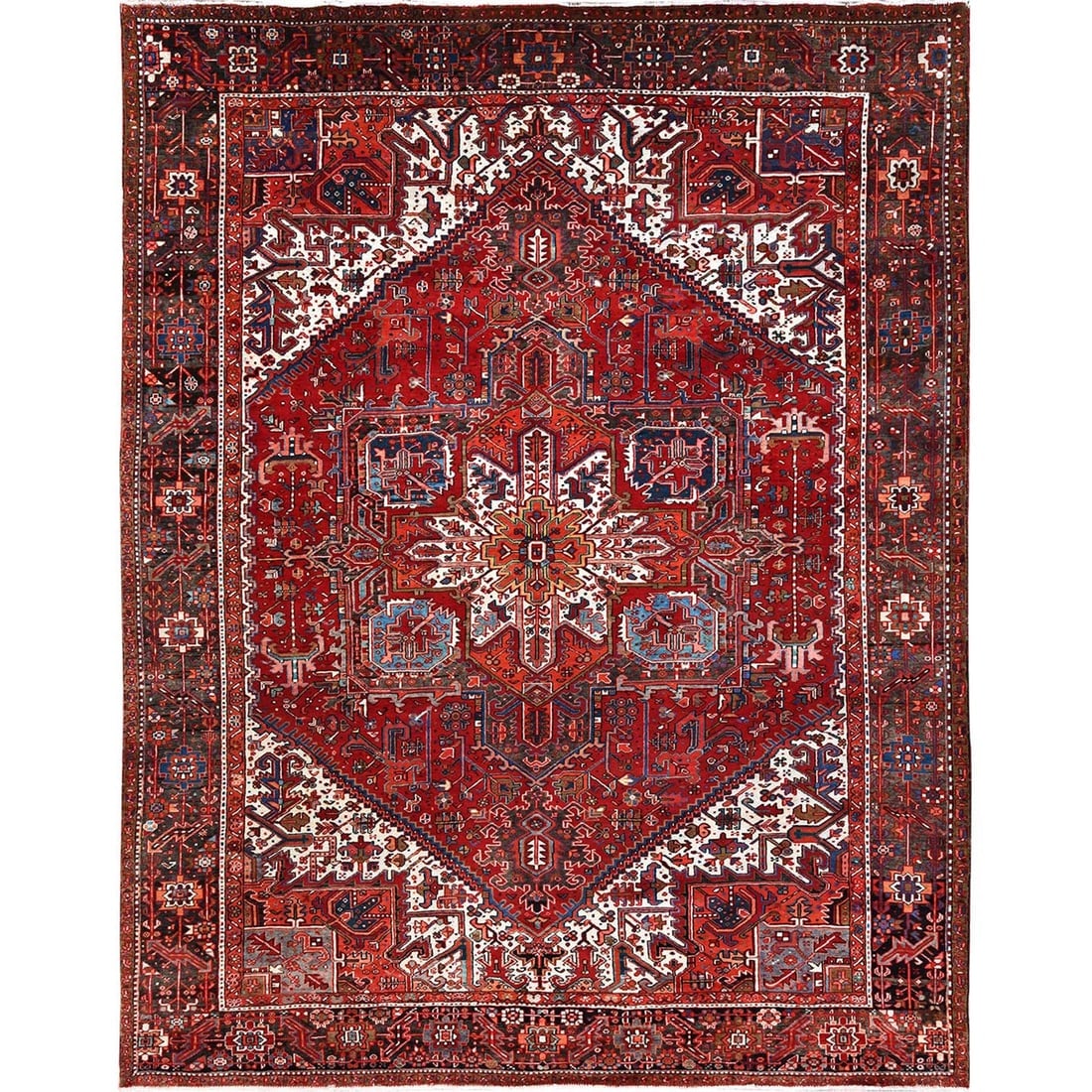 Ajax Red, Semi Antique Persian Heriz Pure Wool Hand Knotted Rug: Title: Ajax Red, Semi Antique Persian Heriz Pure Wool Hand Knotted Rug Description: This is a truly genuine one-of-a-kind. It has been Knotted for months and months in the centuries-old weaving crafts
