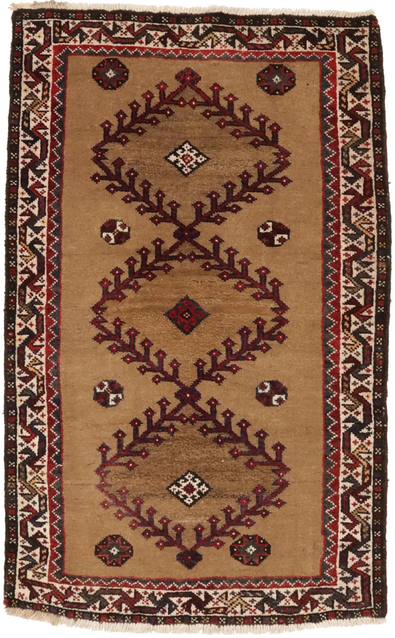 Vintage Khaki Tribal 2'4X3'8 Shiraz Persian Rug: Title: Vintage Khaki Tribal 2'4X3'8 Shiraz Persian Rug Description:Hand Knotted vintage 2'4X3'8 khaki Persian rug made with natural dyes (fine wool pile and cotton foundation), superior knot count, an