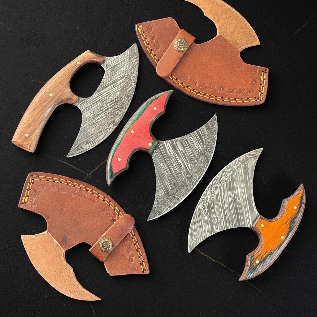Set of 3 Hand Forged Damascus Steel ULU Knives with Green Pakka Wood Handles: Title:Set of 3 Hand Forged Damascus Steel ULU Knives with Green Pakka Wood Handles Description:This listing is for a set of three handcrafted ULU knives, ideal for a variety of kitchen tasks. Each kni