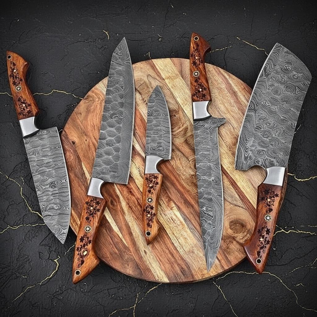 Hand Forged 5pc Damascus Steel Kitchen Knife Set with Twist Pattern & Cleaver - 4