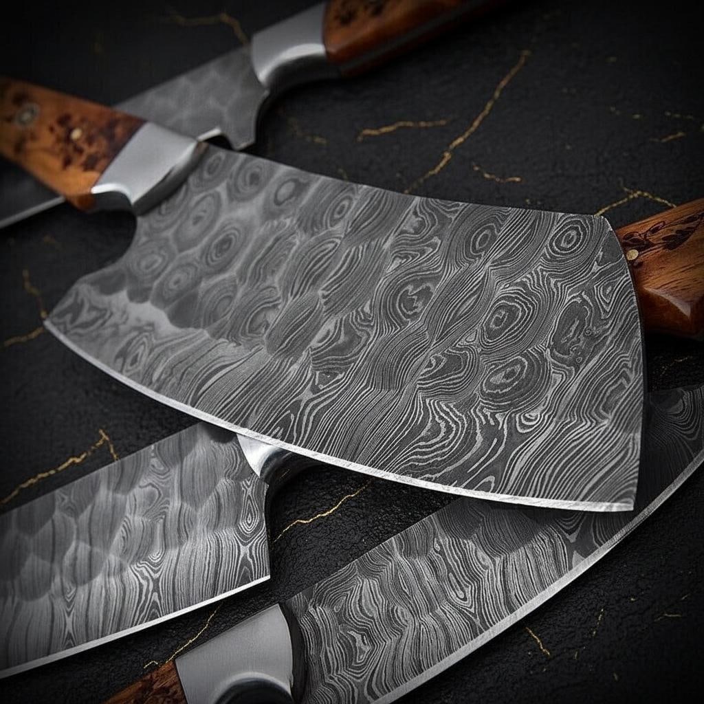 Hand Forged 5pc Damascus Steel Kitchen Knife Set with Twist Pattern & Cleaver - 5