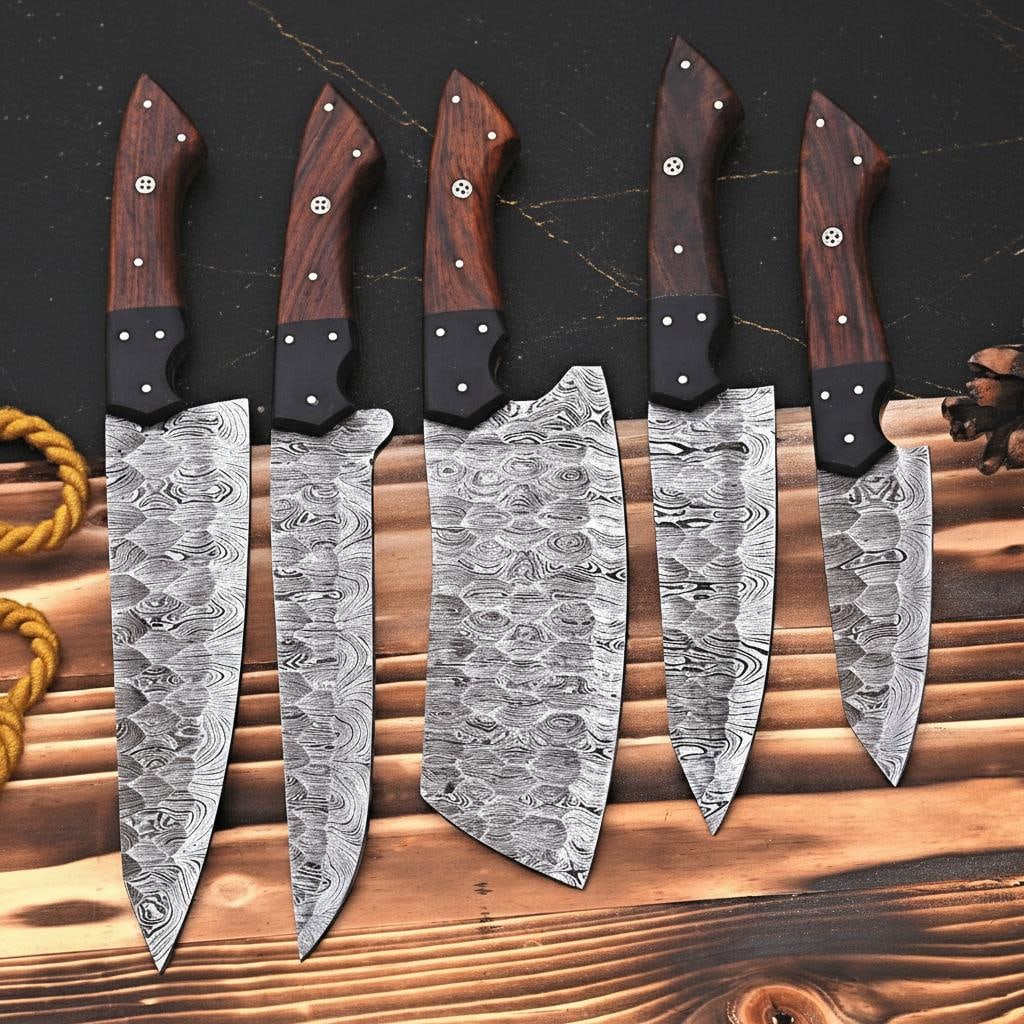 Hand Forged 5pc Damascus Steel Kitchen Knife Set with Twist Pattern and Sheath: Title:Hand Forged 5pc Damascus Steel Kitchen Knife Set with Twist Pattern and Sheath Description:Discover this custom hand-forged kitchen knife set, featuring five essential pieces for any culinary ta