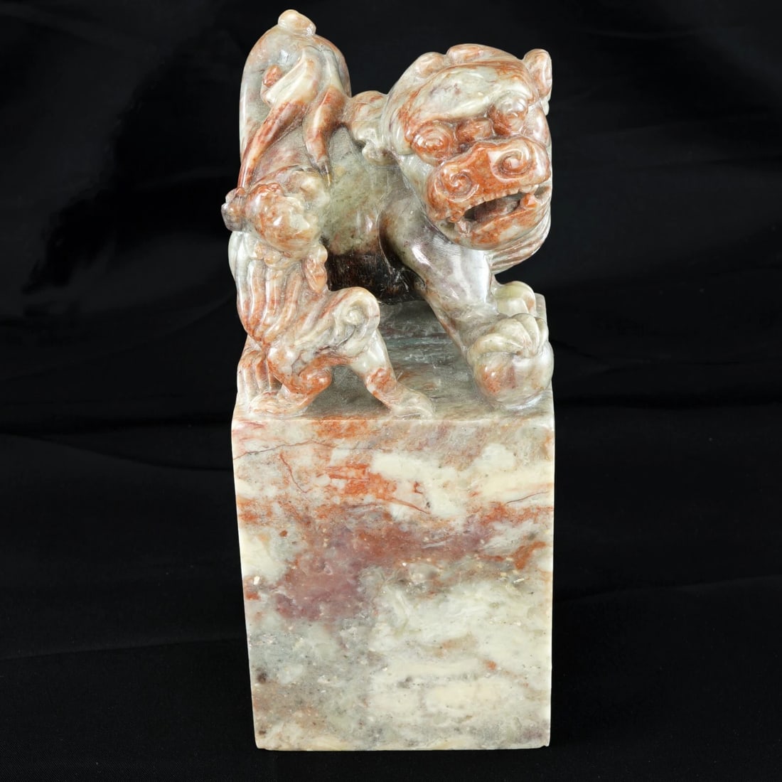 Vintage Large Chinese Soapstone Stamp/Chop: Title:Vintage Large Chinese Soapstone Stamp/ChopSize:2 7/8 in (7.3 cm) long x 2 7/8 in (7.3 cm) wide x 6 5/8 in (17.0 cm) tall.Description:A large, well carved, and colorful chop that is a sculptural