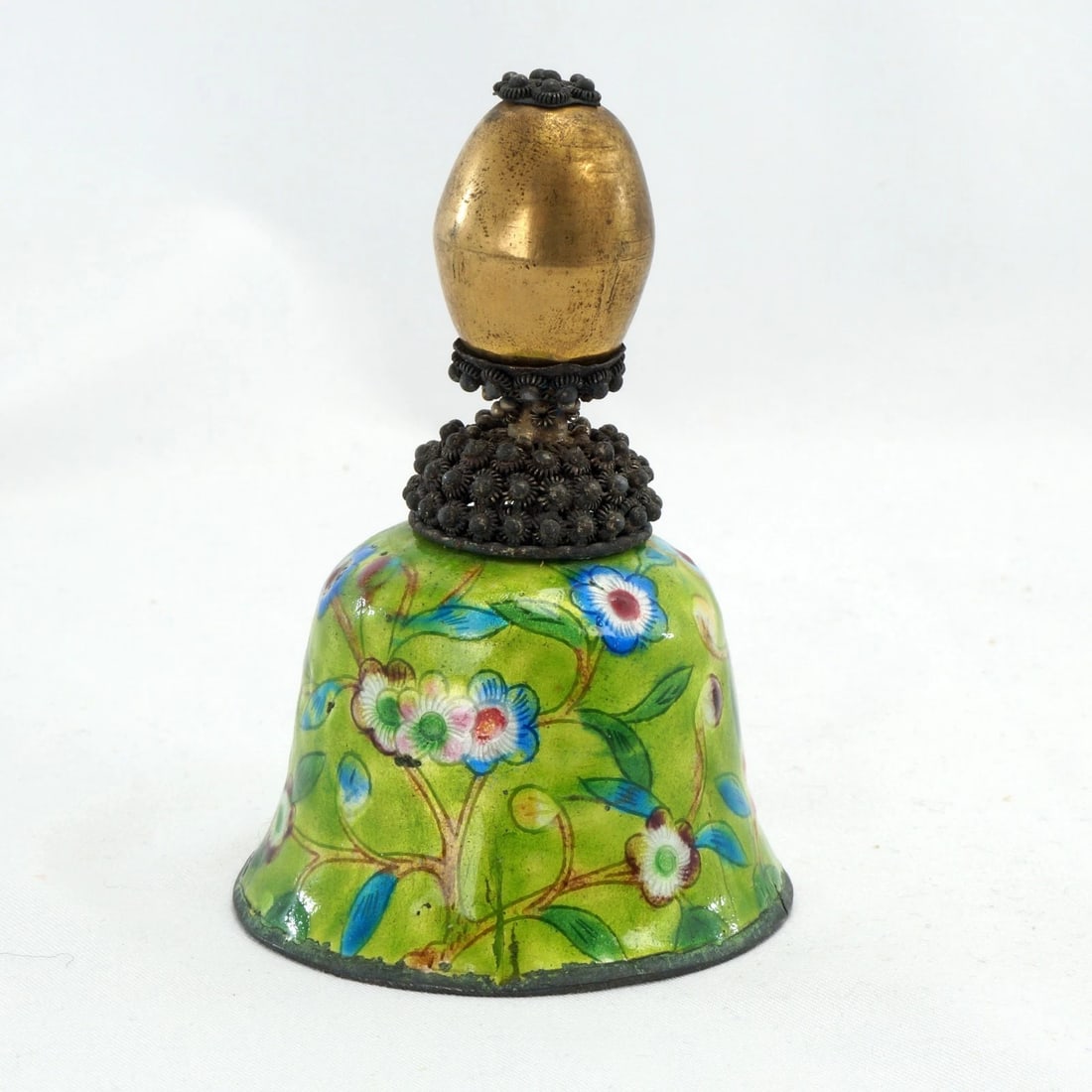 Qing Chinese Enameled Bell w/Hat Finial: Title:Qing Chinese Enameled Bell w/Hat FinialSize:2 3/8 in (5.9 cm) diameter x 3 ¾ in (9.5 cm) tall.Description:An antique Chinese enameled metal bell with a handle made from a repurposed