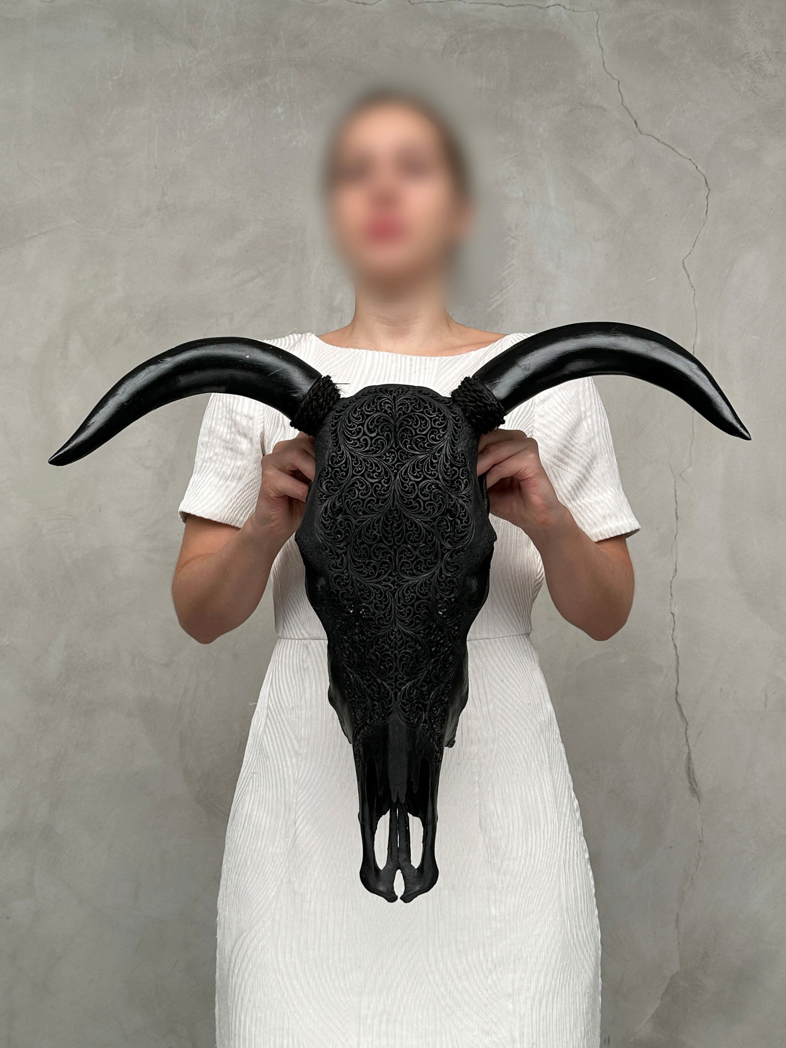 Black carved bull's skull - Fern motif: Title: Black carved bull's skull - Fern motifMaker:UnknownOrigin: IndonesiaDate/Period:2025Materials:Bos Taurus, Bone, HornDimensions:Height: 48 cm / 18.8 inches Width: 55 cm / 21.6