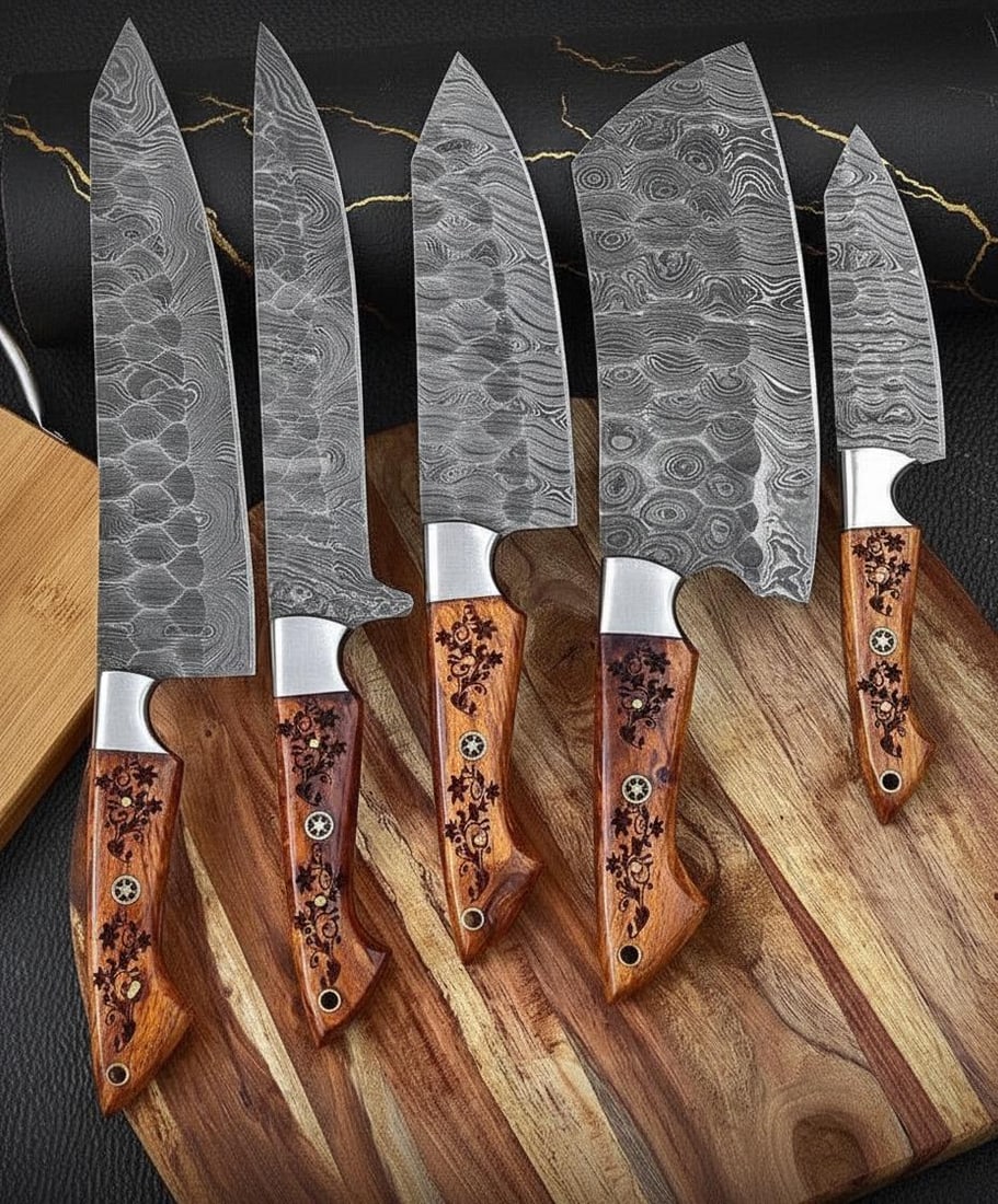 Hand Forged 5pc Kitchen Knife Set Twist Pattern Damascus Steel with Wood Handles: Title:Hand Forged 5pc Kitchen Knife Set Twist Pattern Damascus Steel with Wood HandlesDescription:Discover this custom, hand forged 5-piece kitchen knife set. Each blade is crafted from high carbon
