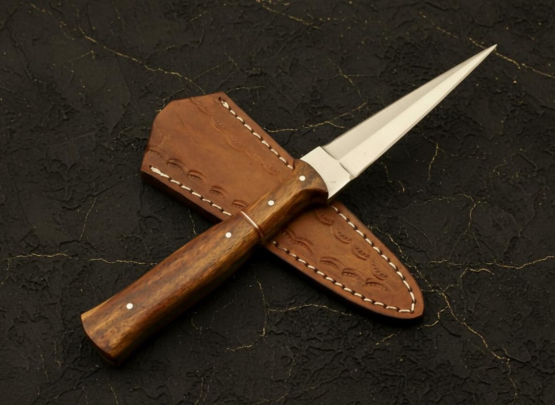 Hand Forged 9" D2 Steel Hunting Boot Knife, Custom Rose Wood Handle, Leather Sheath (1 of 6)