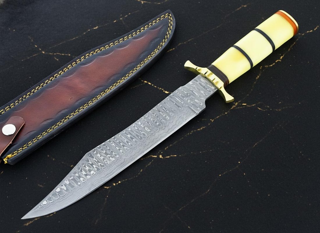 15" Forged Ladder Damascus Steel Bowie Knife with Camel Bone Handle & Leather Sheath (1 of 8)