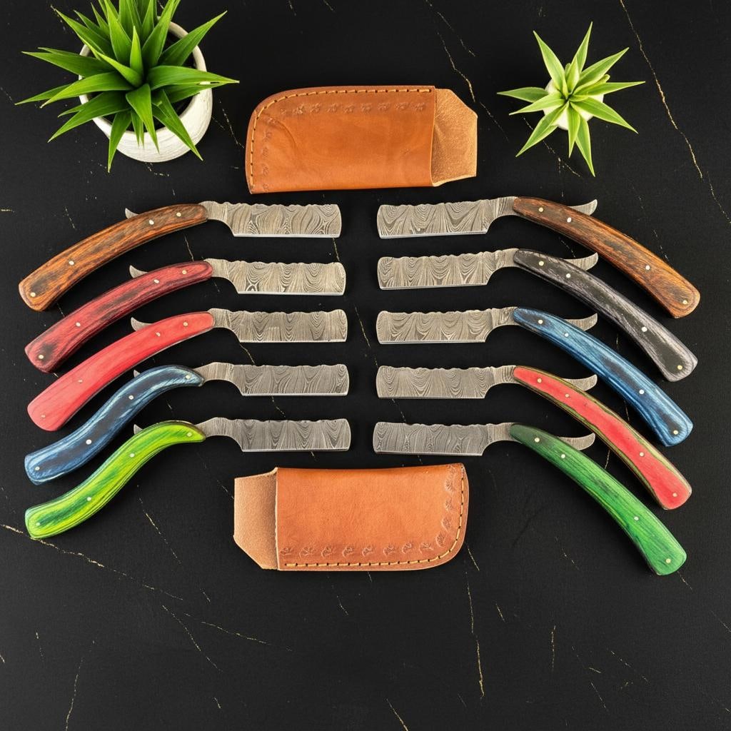 10pc Handmade Damascus Steel Shaving Razor Lot Pakka Wood Handle Barber Set: Title:10pc Handmade Damascus Steel Shaving Razor Lot Pakka Wood Handle Barber SetDescription:This listing is for a bulk set of ten handmade straight razors, ideal for professional barbers,