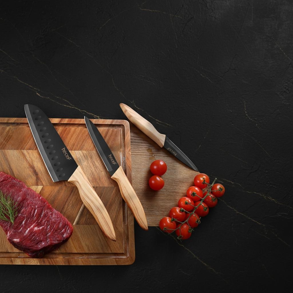 Santoku Utility Paring Knife Set, 3-Piece Kitchen Cutlery, Non-Stick Steel Blades: Title:Santoku Utility Paring Knife Set, 3-Piece Kitchen Cutlery, Non-Stick Steel BladesDescription:This professional three-piece kitchen knife set is designed for precision and durability in all your