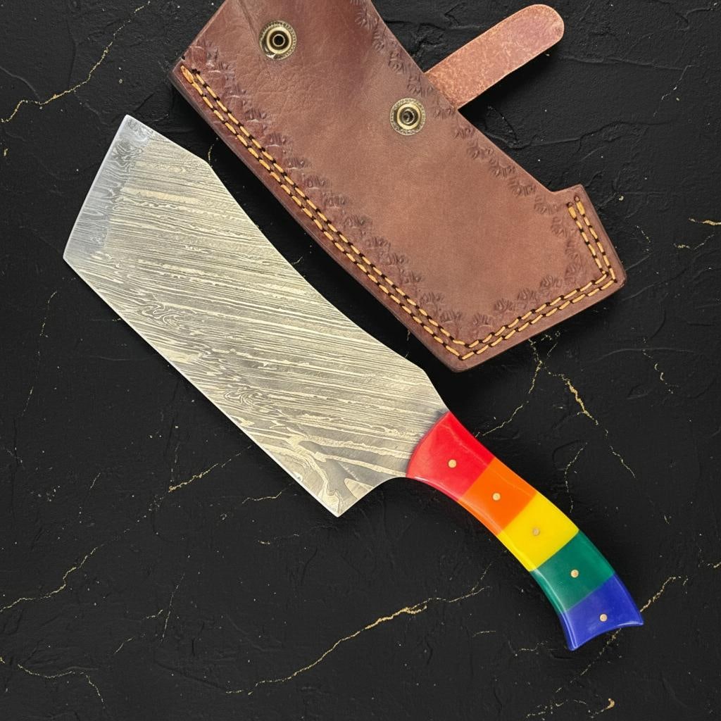 Handmade 11" Damascus Steel Cleaver Knife with Colorful Resin Handle & Sheath: Title:Handmade 11" Damascus Steel Cleaver Knife with Colorful Resin Handle & SheathDescription:Discover this expertly crafted handmade kitchen cleaver, featuring a robust Damascus steel blade and a