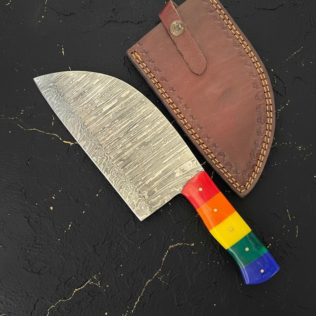 Rainbow Pride Flag Damascus Steel Cleaver, Full Tang Handmade Kitchen Knife: Title:Rainbow Pride Flag Damascus Steel Cleaver, Full Tang Handmade Kitchen KnifeDescription:This listing is for a beautifully handmade kitchen cleaver, combining exceptional craftsmanship with a