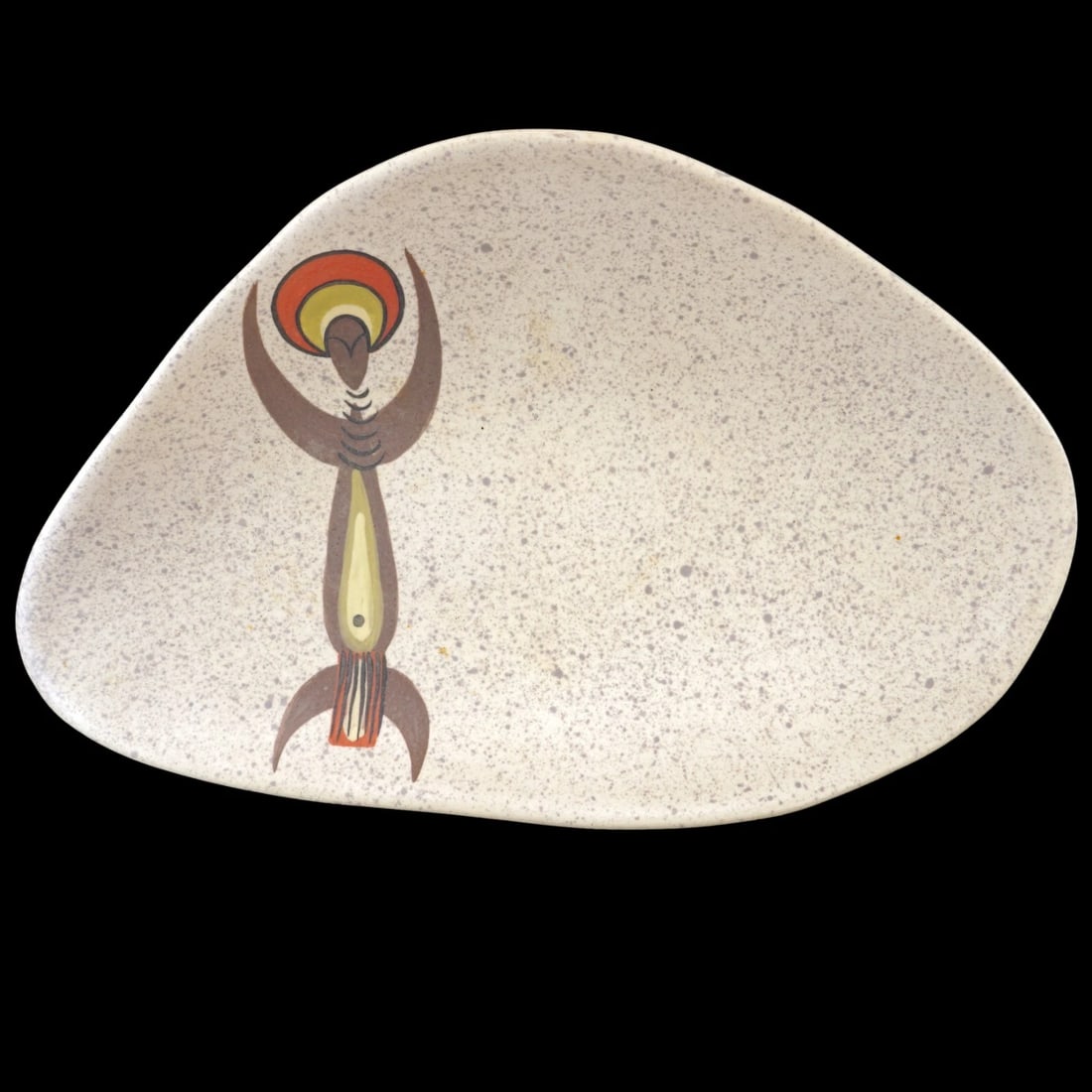 1950s Signed Three-Sided Serving Dish: Title:1950s Signed Three-Sided Serving DishSize:13 in (33.0 cm) long x 7 7/8 in (20.0 cm) deep x 2 ¾ in (7.0 cm) high.Description:A space age shaped serving dish with a speckled glaze and a