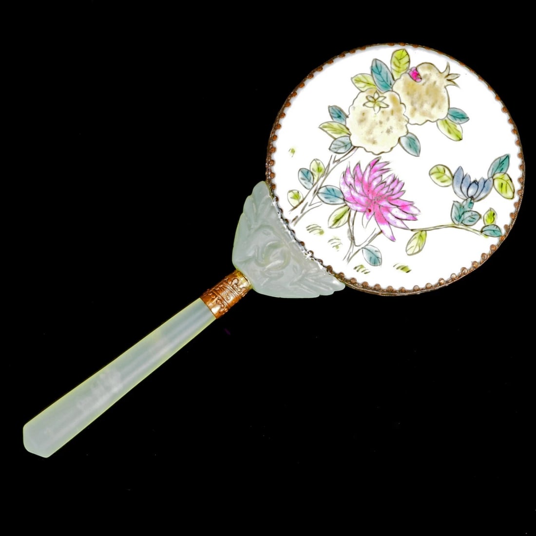 Chinese Hardstone Porcelain Vanity Mirror: Title:Chinese Hardstone Porcelain Vanity MirrorSize:9 in (22.9 cm) long x 3 7/8 in (9.8 cm) wide x 7/16 in (1.1 cm) thick.Description:A Chinese vanity mirror from the early 20th C with a pale green