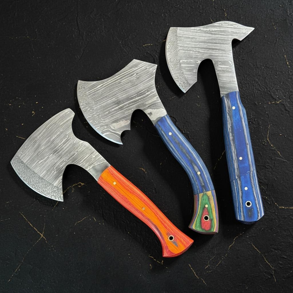 Set of 3 Handcrafted Damascus Steel Hatchets, 9-inch Axes with Pakka Wood & Resin Grips: Title:Set of 3 Handcrafted Damascus Steel Hatchets, 9-inch Axes with Pakka Wood & Resin GripsDescription:This listing is for a set of three skillfully handcrafted hatchets, each forged from