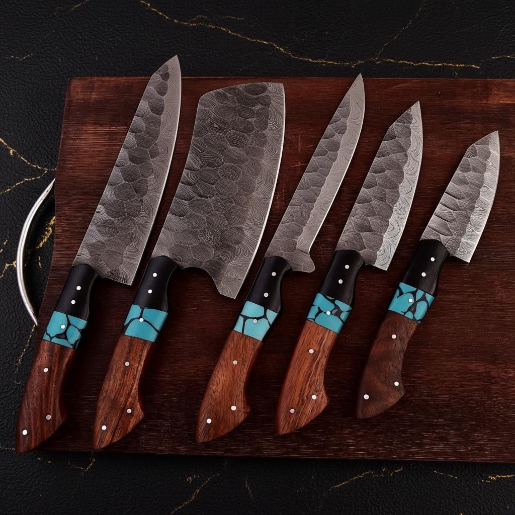 512 Layer Twist Pattern Damascus Steel Knife Set, 5 Piece Hand Forged Chef Cutlery: Title:512 Layer Twist Pattern Damascus Steel Knife Set, 5 Piece Hand Forged Chef CutleryDescription:This listing is for a custom, hand-forged 5-piece chef knife set. Each blade is crafted from