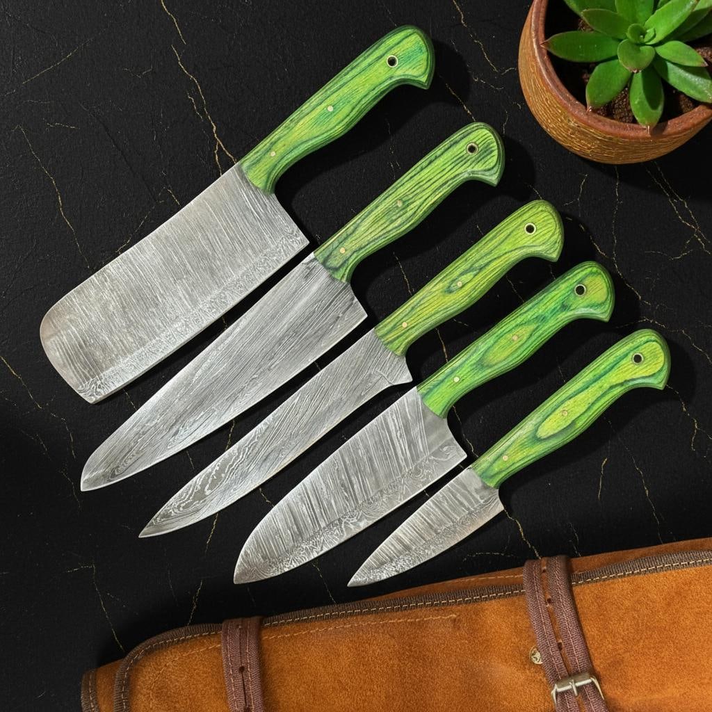 Artisan Forged 5pc Damascus Steel Chef Knife Set with Full Tang Pakka Wood Handles: Title:Artisan Forged 5pc Damascus Steel Chef Knife Set with Full Tang Pakka Wood Handles Description:This listing is for a beautifully handmade 5-piece chef knife set, expertly crafted from patterned