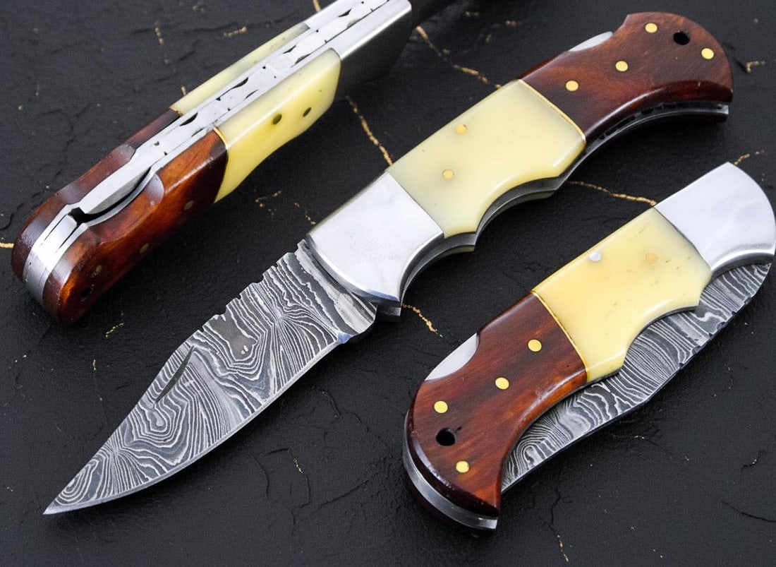 Camel Bone & Wood Handle Damascus Pocket Knife, 3" Hand Forged Folding Steel Blade (1 of 7)