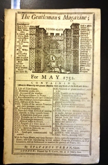 1752 Magazine Benjamin Franklin Electricity: Title: 1752 Magazine Benjamin Franklin Electricity Additional Info: The May 1752 issue of Gentlemen's Magazine printed at London by Sylvanus Urban. 48 pages and one engraved plate showing the six Inca