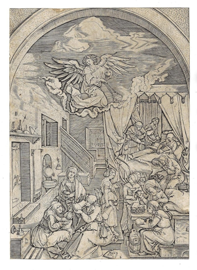 1520 Raimondi Engraving After Albrecht Durer Life of the Virgin: Title: 1520 Raimondi Engraving After Albrecht Durer Life of the Virgin Additional Info: "Birth of the Virgin" after Albrecht Durer (1471-1528) by Marcantonio Raimondi (1480-1534) from the series "The