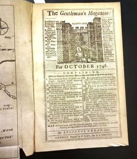 1746 Magazine Map of Carlisle Rebellion: Title: 1746 Magazine Map of Carlisle Rebellion Additional Info: The October 1746 issue of Gentlemen's Magazine printed at London by Sylvanus Urban 48 pages. Features a folding map ?of the country's