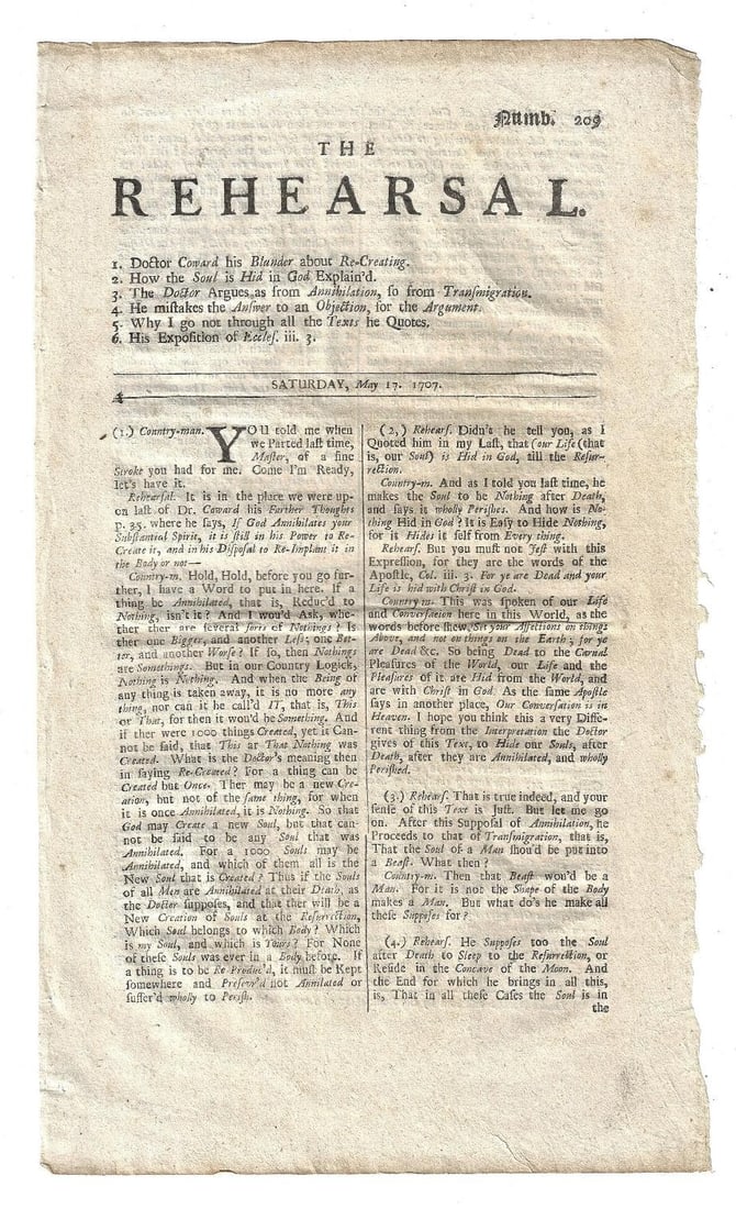 1707 English Newspaper The Rehearsal: Title: 1707 English Newspaper The Rehearsal Additional Info: "The Rehearsal" for May 17, 1707, singlesheet printed both sides, Printed at London by Charles Leslie. A political paper with religious sla