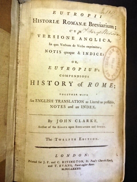 1782 English Romanum Breviarum: Title: 1782 English Romanum Breviarum Additional Info: ?Eutropii Historiae Romanae Breviarium; cum versione Anglica?. Etropius?s Compendious History of Rome?, by John Clarke, the Twelth edition printe