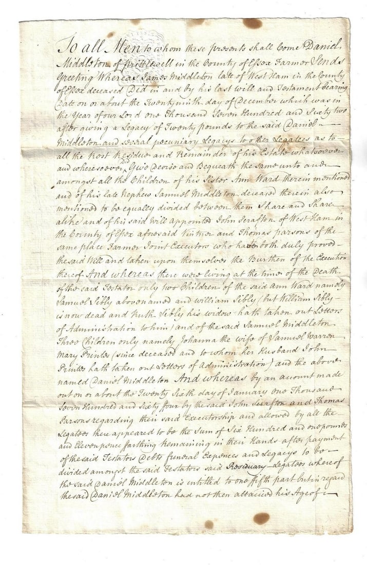 1766 English Manuscript Bequest Middleton Famiy (1 of 2)