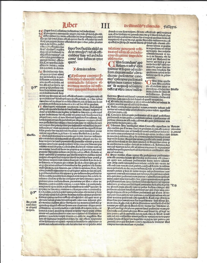 1501 Law Leaf Canterbury Lynewood: Title: 1501 Law Leaf Canterbury Lynewood Additional Info: A leaf from "Provinciale Seu Constitutiones Anglie", by William Lyndewood, printed at Paris by Andre Bocard in 1501. Beautiful printing in red