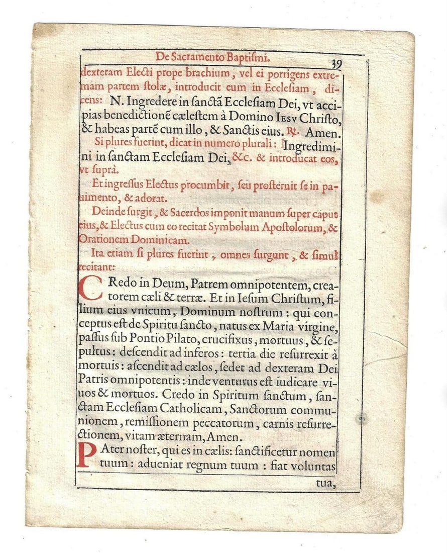 1611 Leaf Catholic Rituale Romanum Baptism: Title: 1611 Leaf Catholic Rituale Romanum Baptism Additional Info: A leaf from a Ritual Romanum printed at Brussels in 1611. In red and black on the sacrament of Baptism. Fine condition, accompanied b
