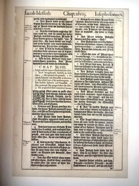 1611 Fine King James Bible Leaf Genesis: Title: 1611 Fine King James Bible Leaf Genesis Additional Info: A very fine leaf from the King James Bible of 1611 printed at London by Robert Barker. This leaf from Genesis regarding Jacob's